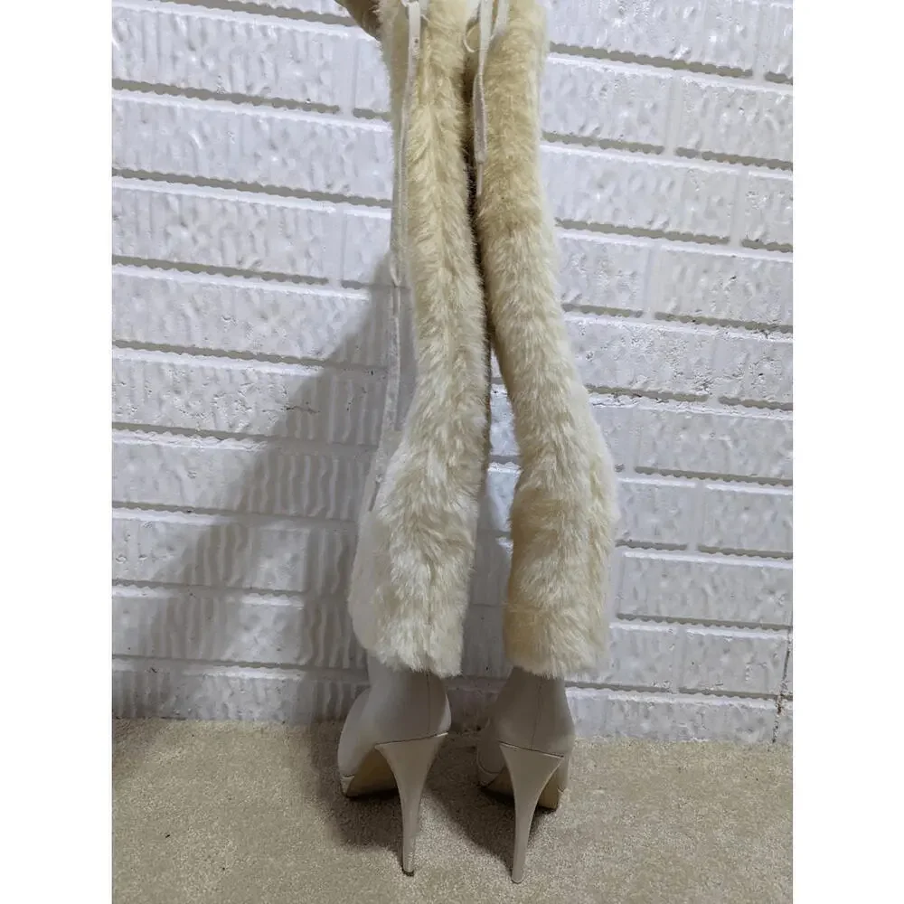 Colin Stuart Women's Cream Faux Fur Platform Stiletto Heeled Boot Size 6